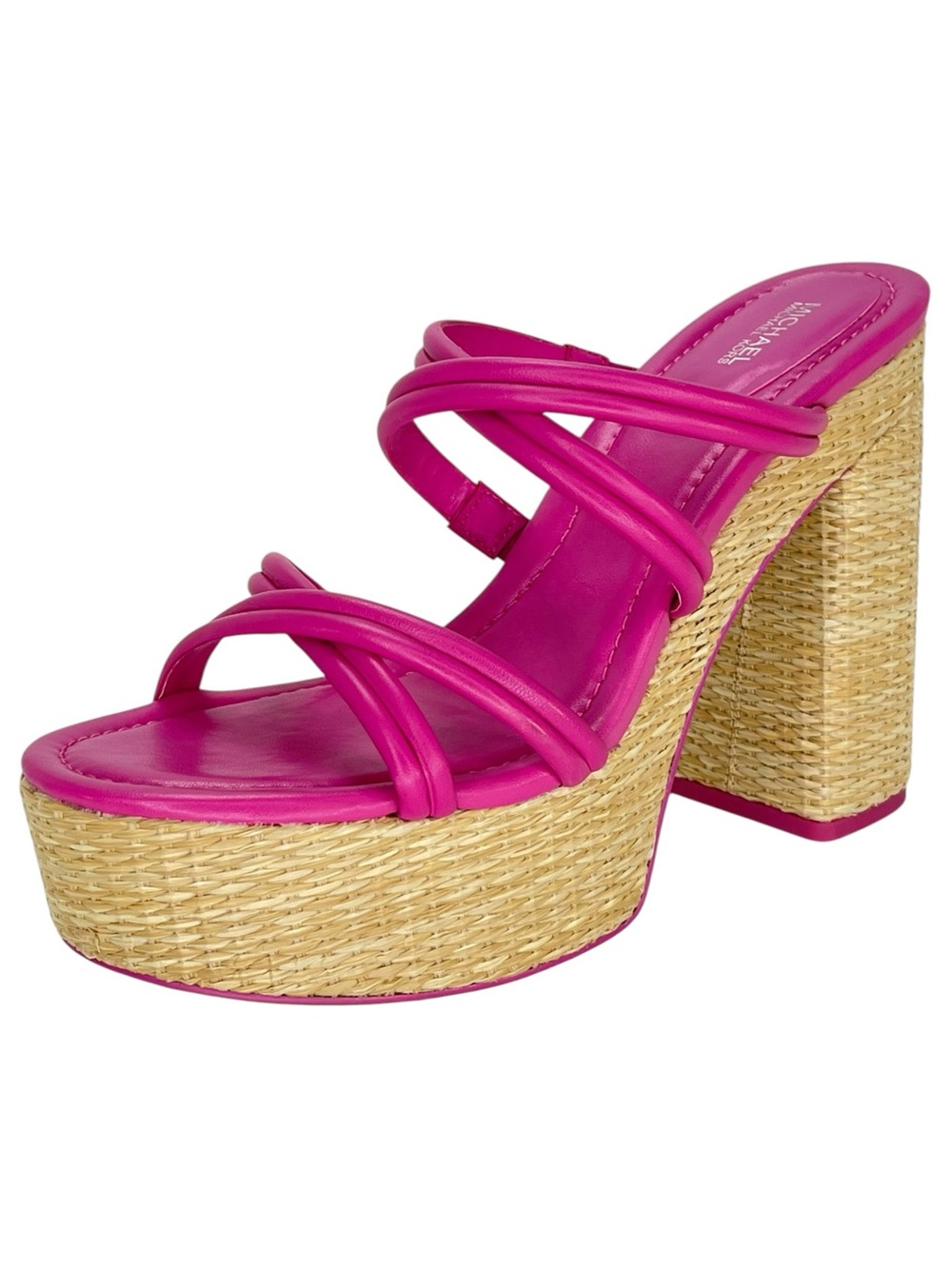 Michael Kors Corrine Pink Leather Raffia Womens Platform Sandals Size 11M - Picture 2 of 15